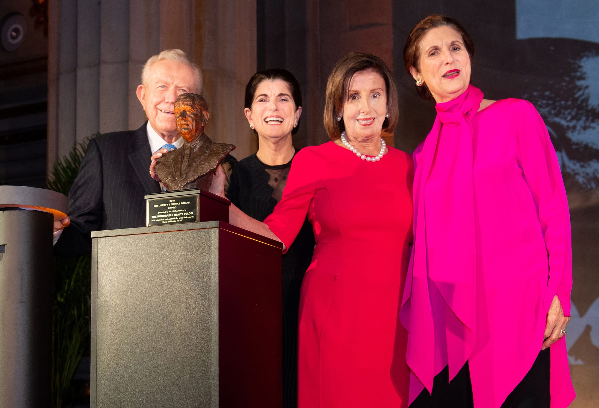 L-R: Ben Barnes, Luci Baines Johnson, Speaker Nancy Pelosi, and Lynda Johnson Robb. LBJ Foundation photo by Daniel Swartz, 2019.