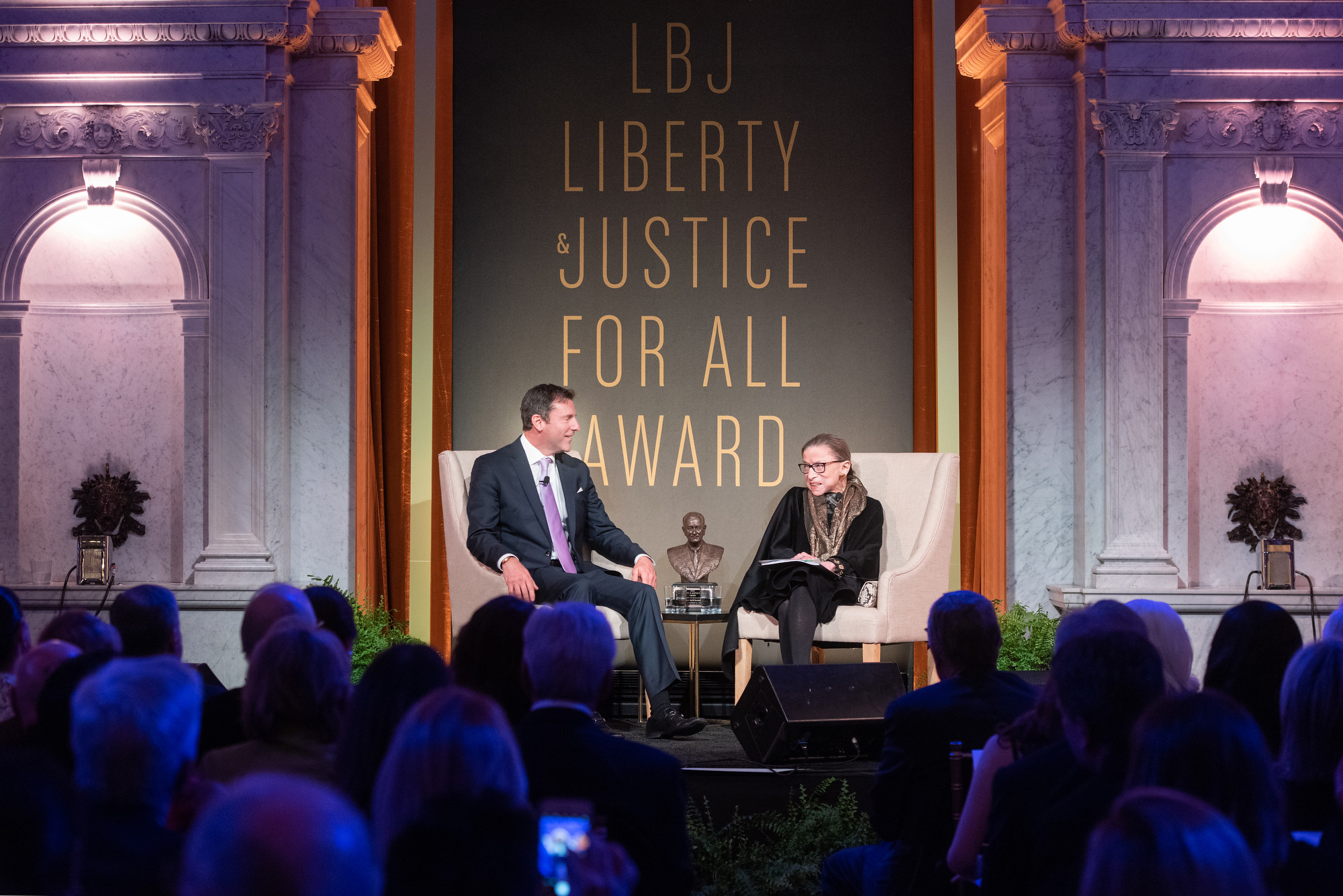U.S. Supreme Court Justice Ruth Bader Ginsburg and LBJ Foundation President and CEO Mark K. Updegrove discuss the justice’s trailblazing career at the Library of Congress in Washington, D.C. LBJ Foundation photo by Daniel Swartz.