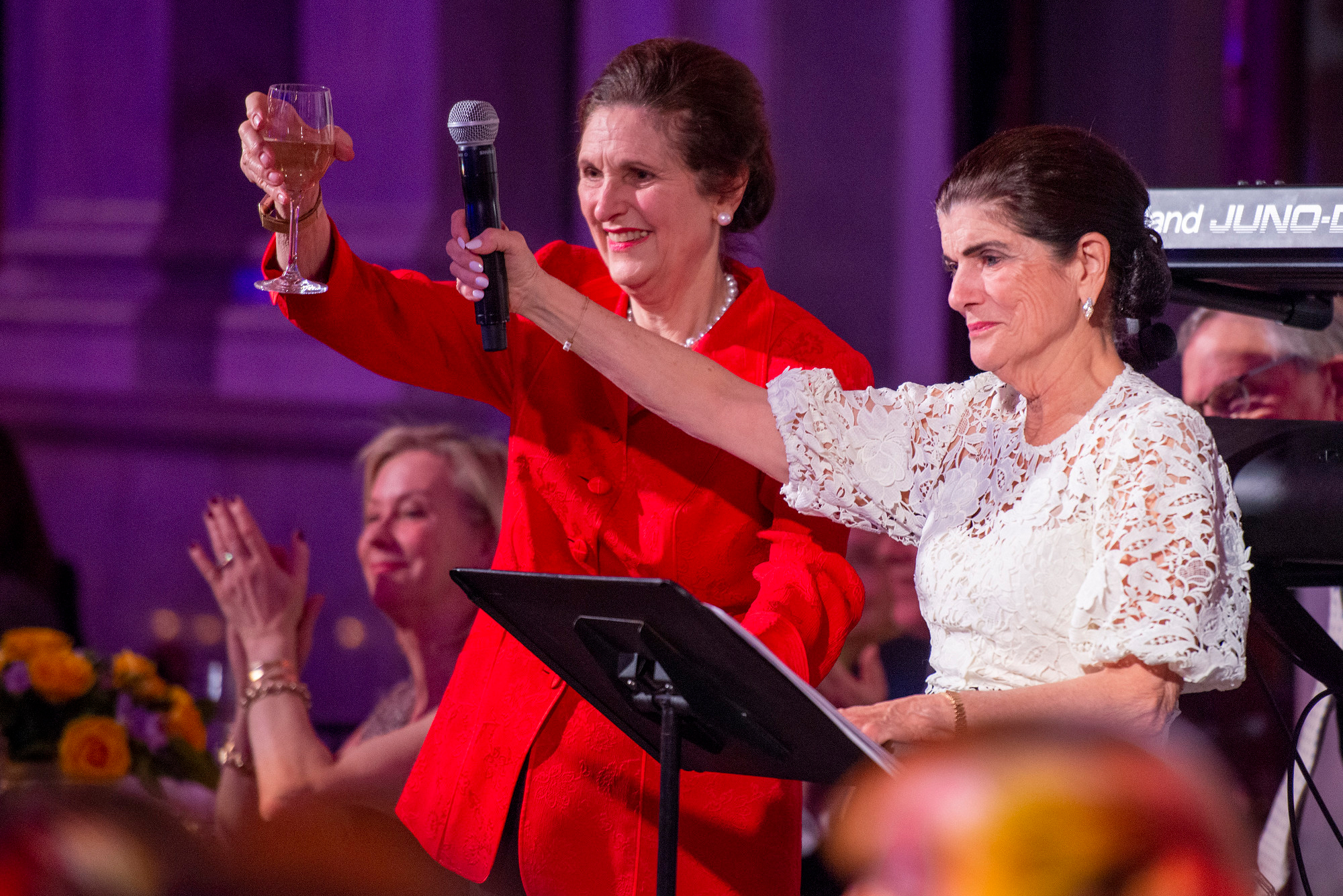 President Lyndon Baines Johnson’s daughters Lynda Johnson Robb, left, and Luci Baines Johnson toast U.S. Supreme Court Justice Ruth Bader Ginsburg. LBJ Foundation photo by Jay Godwin.